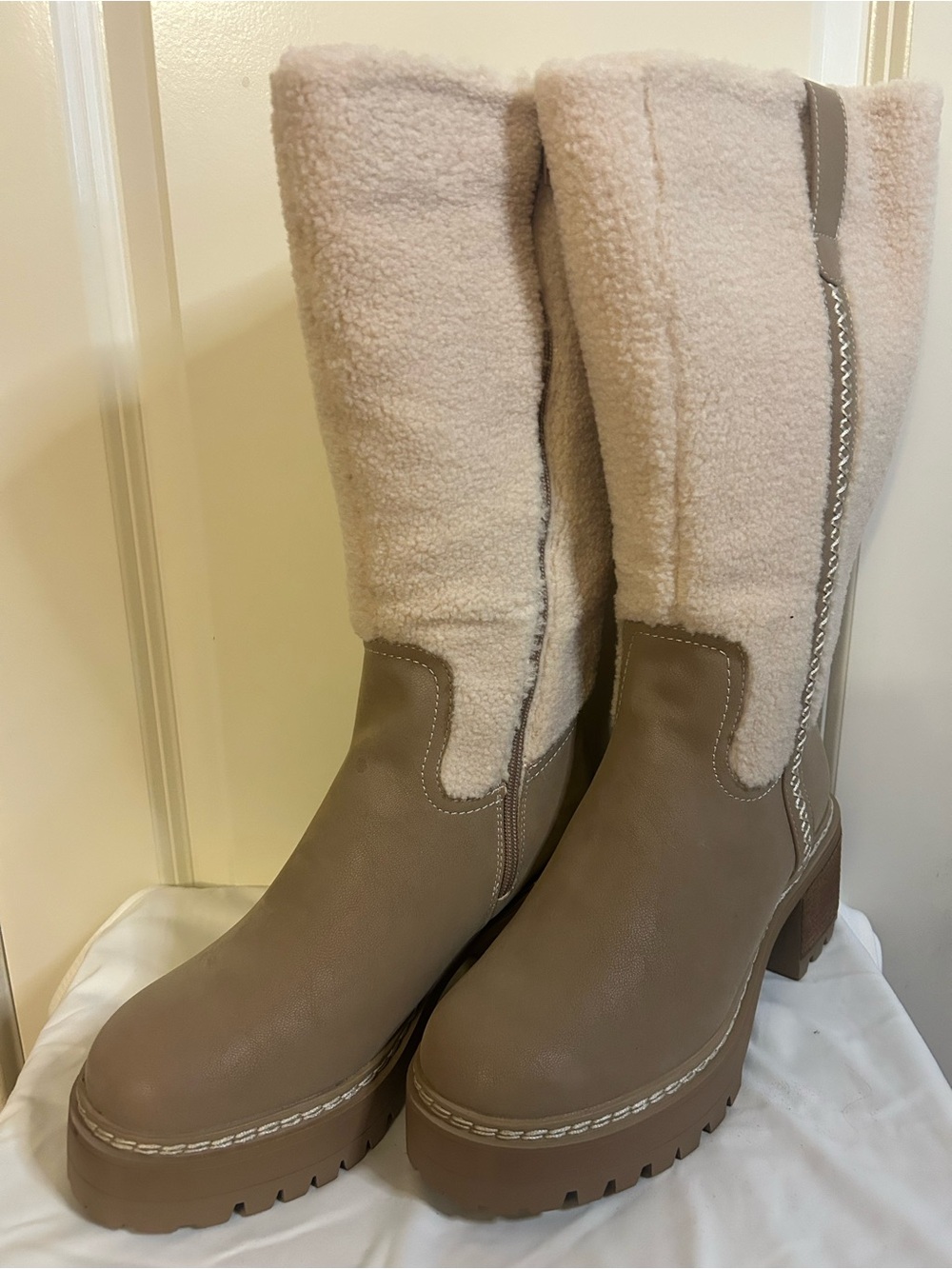 MIA Taupe & Cream Platform Shearling Mid-Calf Boots